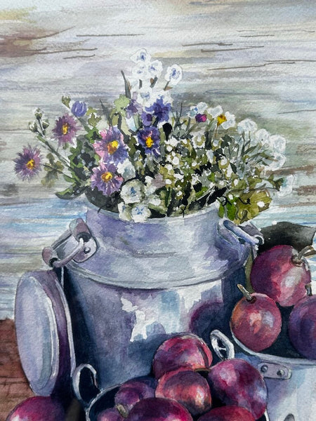 Lovely Watercolor Art Farmhouse Table Original Art By S. Sander 13x16 Framed