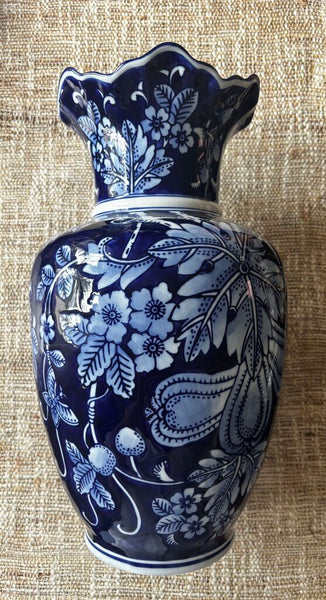 Vintage Cobalt Blue and White Floral Vase 14H