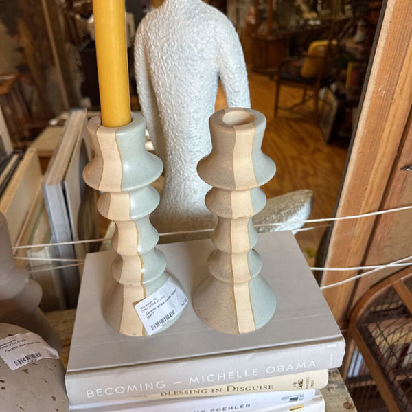 Ceramic stripe candle holders (pair)