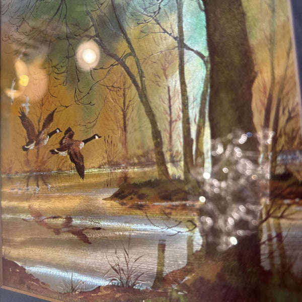 Duck art framed in chrome frame (dimensional effect as if color changes)