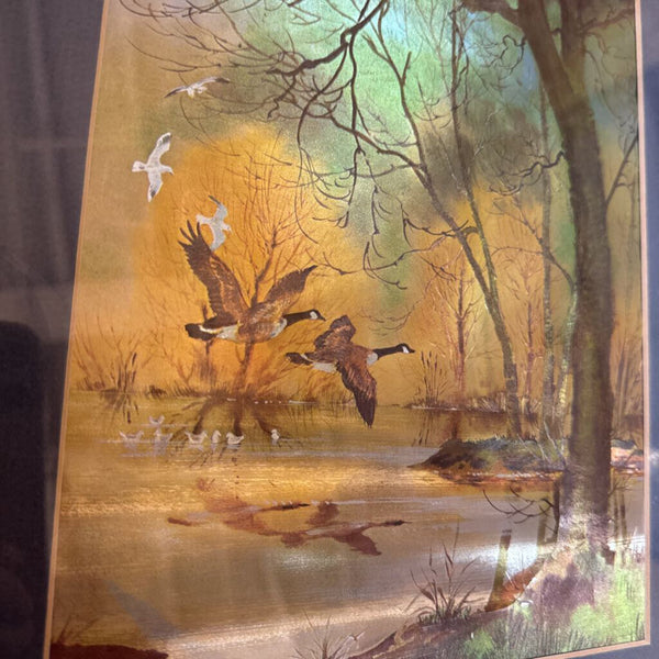 Duck art framed in chrome frame (dimensional effect as if color changes)