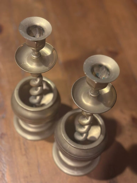 PAIR OF BARLEY TWIST BRASS CANDLEHOLDERS 9 1/2"H x 3 1/2"W