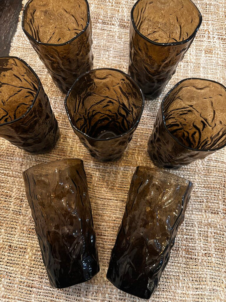 Vintage Set Of 7 Bryce Glass El Rancho Brown Dimple Textured 12 Oz Tumblers