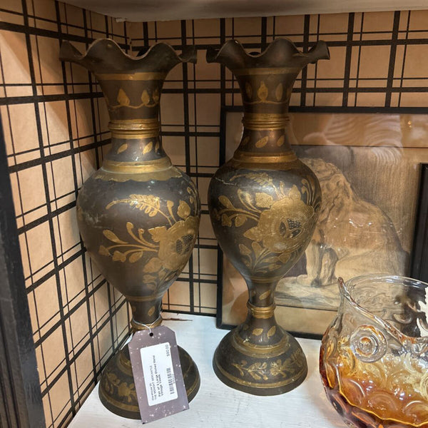 Pair of 2 Large Etched Metal Vintage Vases