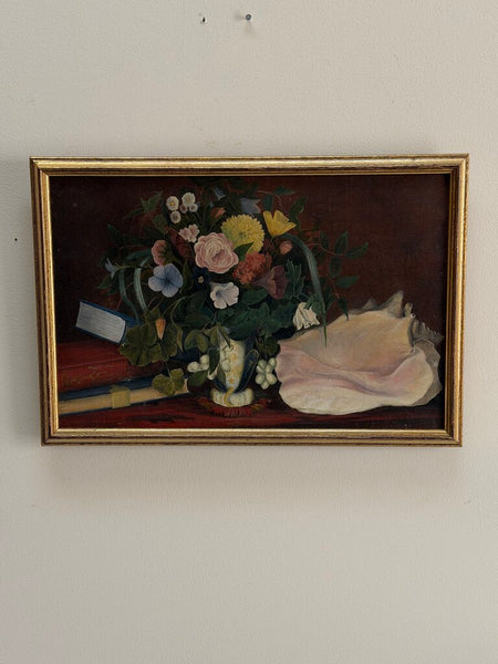 1641 19th C. Oil on Canvas Floral Still Life w/ Books