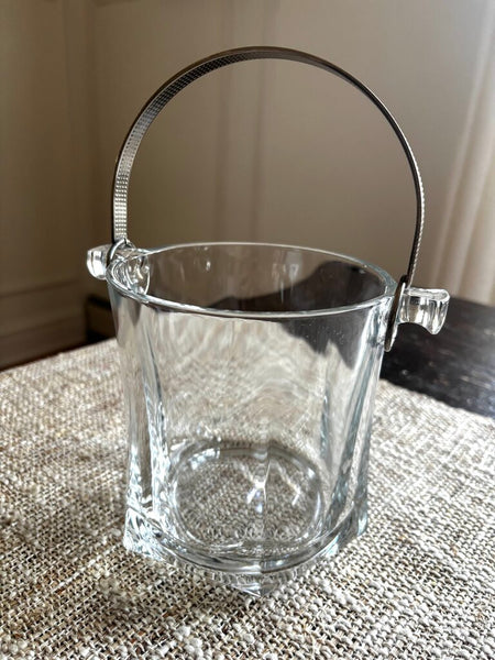 Vintage MCM Italy Crystal Ice Bucket with Silver Plate Textured Handle 5"