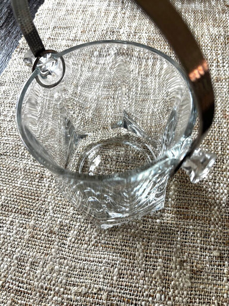 Vintage MCM Italy Crystal Ice Bucket with Silver Plate Textured Handle 5"
