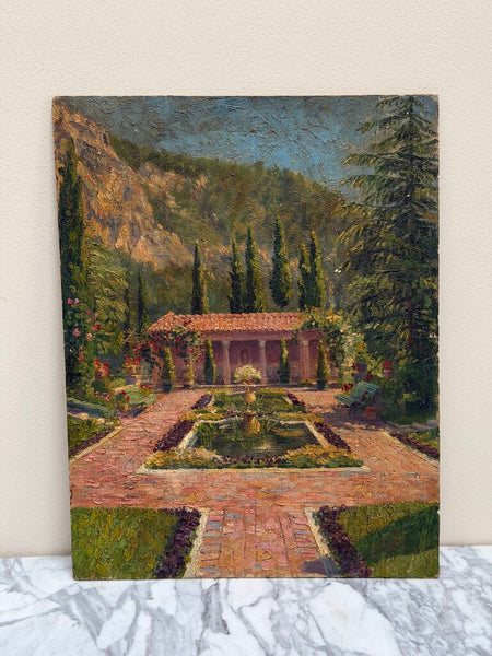 1644 Oil on Board Courtyard Mountain Scene Painting