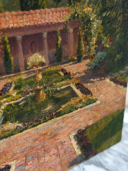 1644 Oil on Board Courtyard Mountain Scene Painting