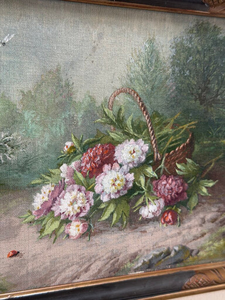 2604 French Floral Painting w/ Ladybug on Canvas Board