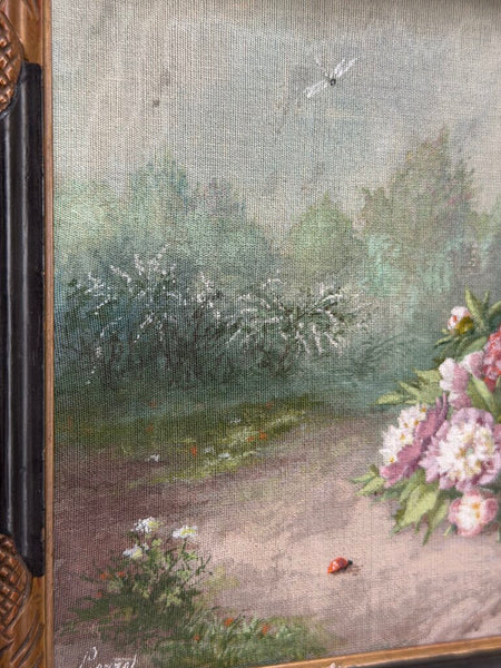 2604 French Floral Painting w/ Ladybug on Canvas Board
