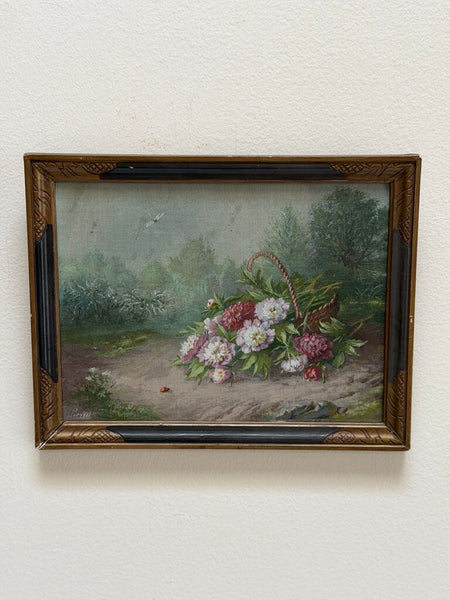 2604 French Floral Painting w/ Ladybug on Canvas Board