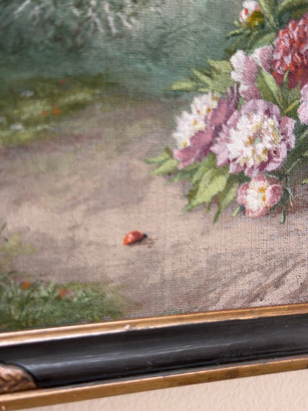 2604 French Floral Painting w/ Ladybug on Canvas Board