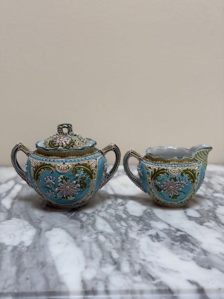 Antique Japanese Moriage Hand Painted Sugar and Creamer Set