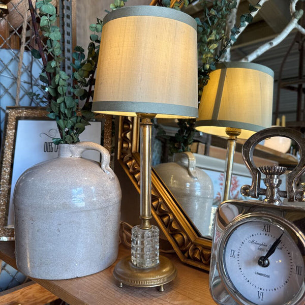 Pair of lovely French boudoir lamps gilt, glass, crystal / diminutive and lovely patina