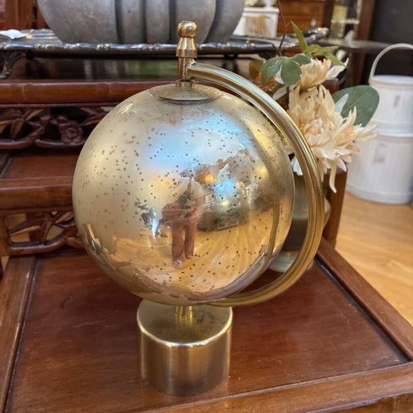 Vintage Silver Metal Globe on Stand 10" x 7"