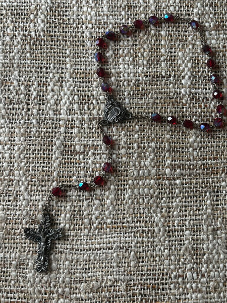 Vintage Rosary with Red Beads and Ornate Pewter Cross