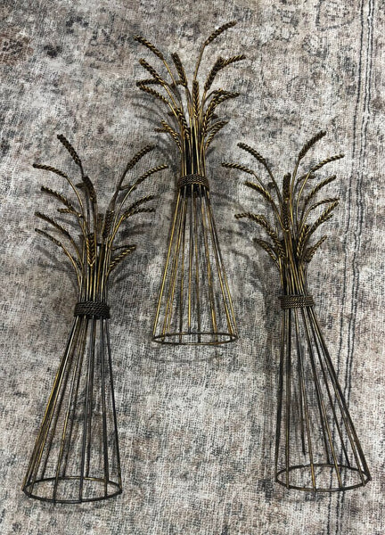 Set of 3 MCM Gold Metal Wheat Candleholders
