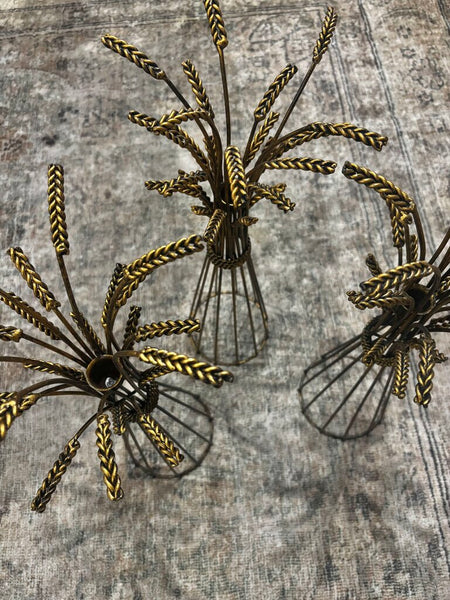 Set of 3 MCM Gold Metal Wheat Candleholders