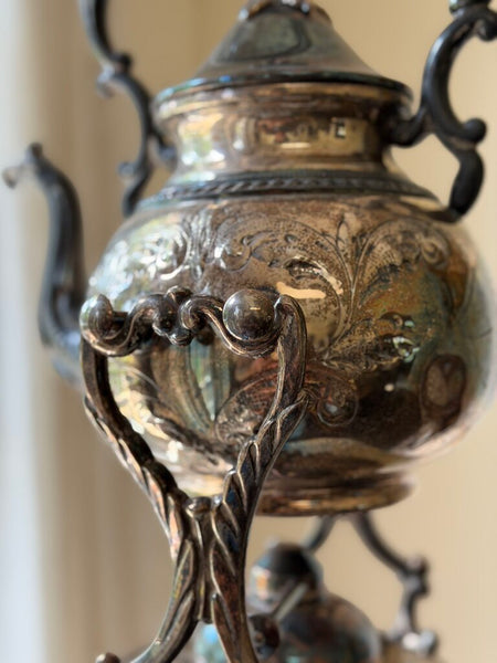 0330 Vintage English Etched Teapot on Stand w/ Warmer