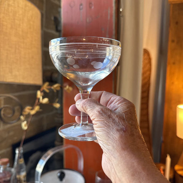 Vintage coupe stemware glass champagne stripe and dot