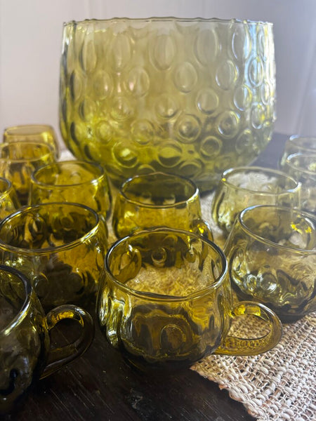Murano Handblown Green Glass Punch Bowl & 12 Cups