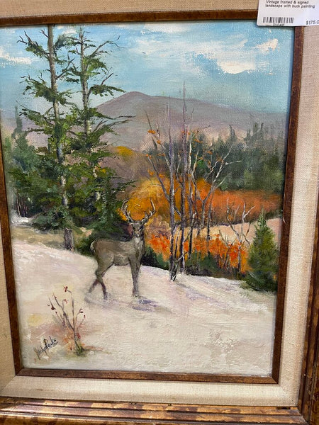 Vintage framed & signed landscape with buck painting