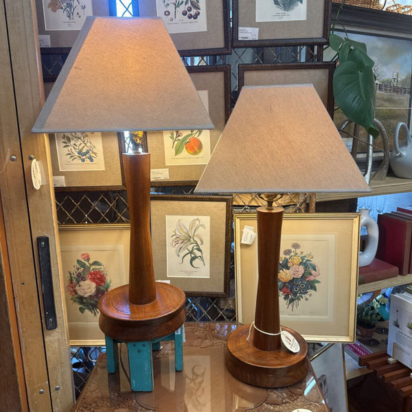 MCM pair teak / dark wood base table lamps 8.5" w x 28" tall to finial new socket