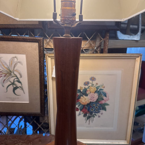 MCM pair teak / dark wood base table lamps 8.5" w x 28" tall to finial new socket