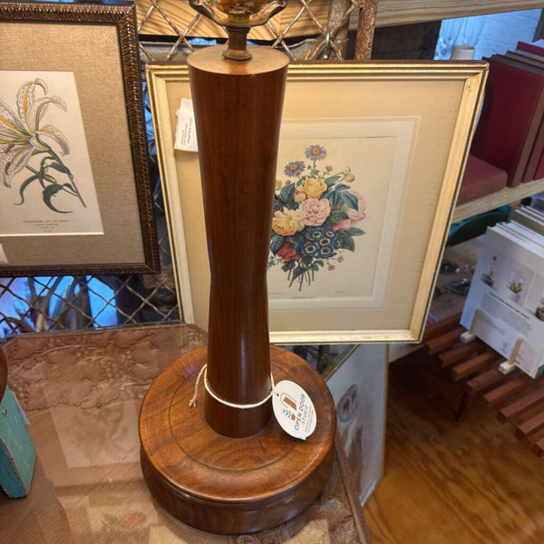 MCM pair teak / dark wood base table lamps 8.5" w x 28" tall to finial new socket
