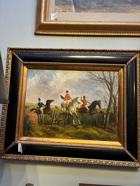 Vintage Equestrian Oil Painting in Black/Gold Frame 18 x 22