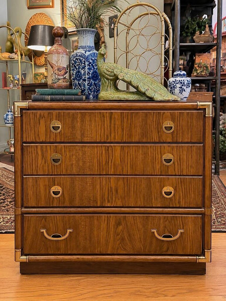 Vintage Drexel Accolade 3 Drawer Walnut Campaign Chest 31.5"w x 19"d x 29"h