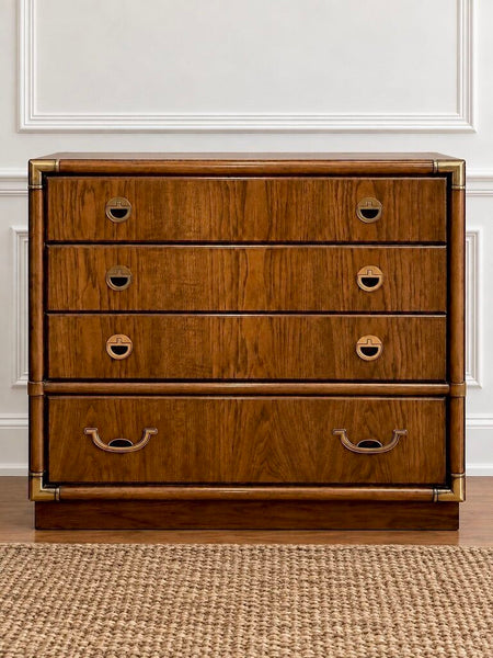 Vintage Drexel Accolade 3 Drawer Walnut Campaign Chest 31.5"w x 19"d x 29"h
