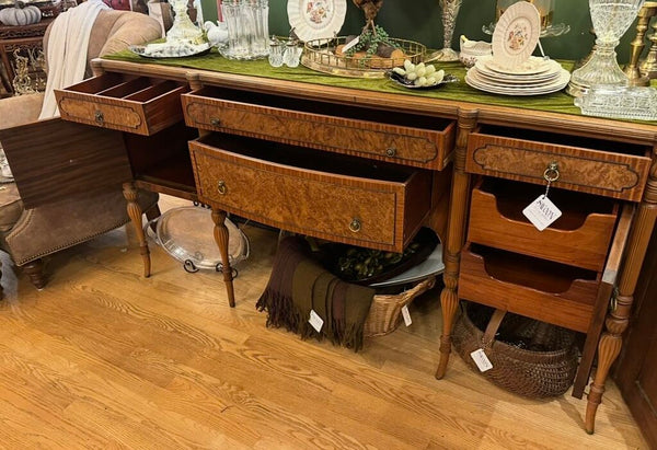 Antique Berkey & Gay Furn Sideboard, Burled Accents, Orig Lionshead Hardware. As found 72"W x 22 1/4"D x 37 1/4"H, Store Pickup