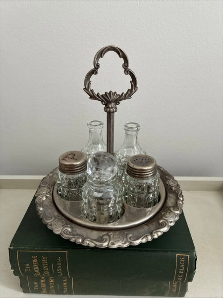Antique Silver Plate Cruet Condiment Five Piece Set 9"h