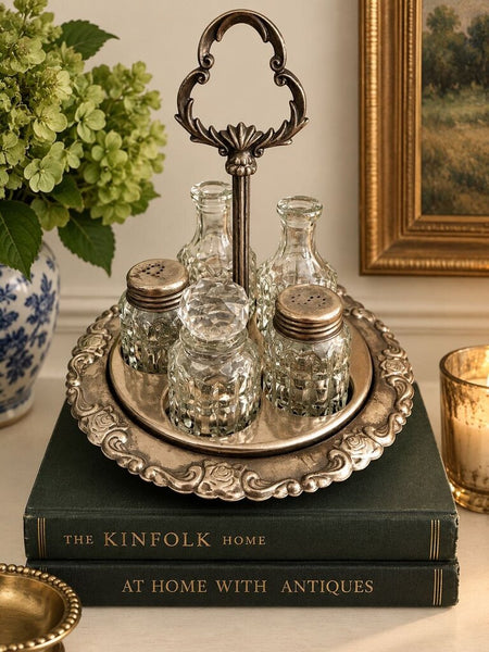 Antique Silver Plate Cruet Condiment Five Piece Set 9"h