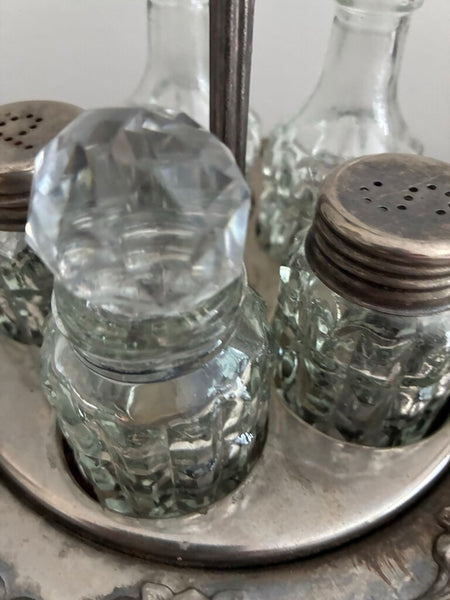 Antique Silver Plate Cruet Condiment Five Piece Set 9"h