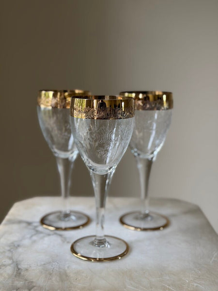 Set of 3 Gold Trim Etched Crystal Glasses