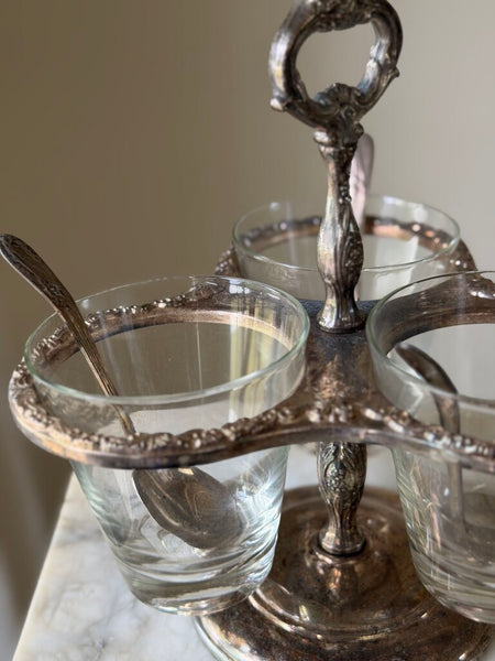 1722 Vintage silver plate condiment caddy w/ 3 spoons