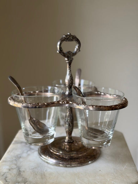 1722 Vintage silver plate condiment caddy w/ 3 spoons