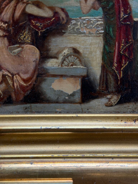 1669 Antique Oil on Panel of 2 Women setting free doves