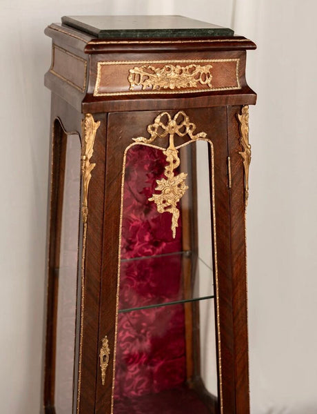 1242 Louis XVI French Ormolu Vitrine with Magenta Tufted Silk Lining & Working Key