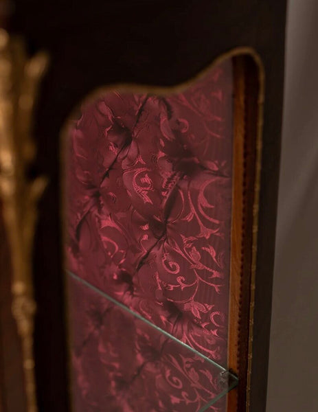 1242 Louis XVI French Ormolu Vitrine with Magenta Tufted Silk Lining & Working Key