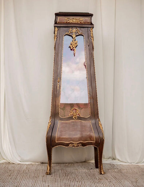1242 Louis XVI French Ormolu Vitrine with Magenta Tufted Silk Lining & Working Key