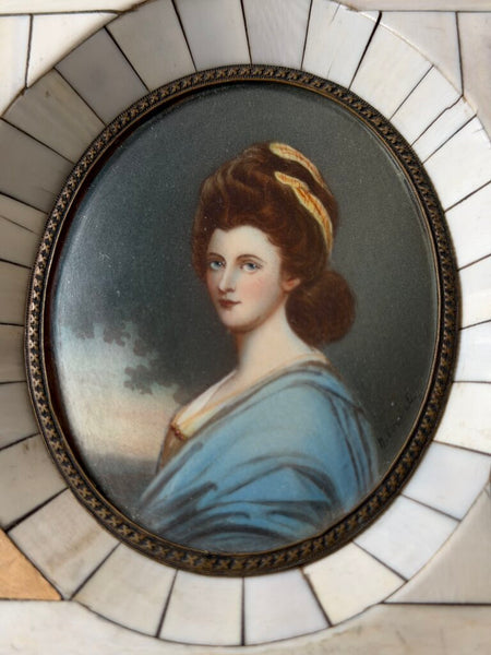 Antique Miniature Hand Painted Portrait in Bone Frame