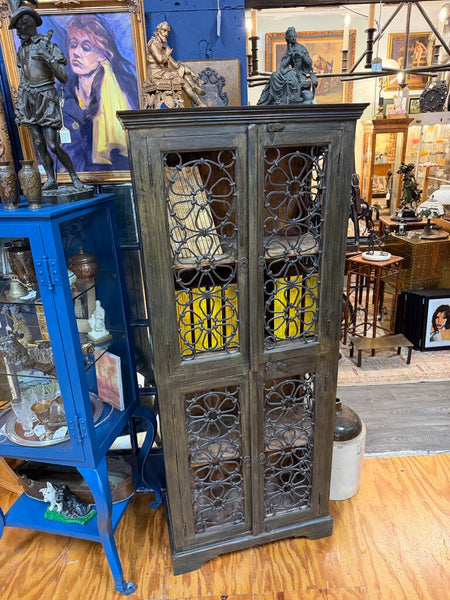 Vintage Indian Wood and Wrought Iron Cabinet, 68"X26"X13" (in-store pick up only)