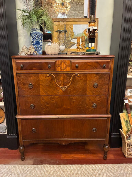 1920's Burl Wood Tallboy Chest 47.5”h x 38”w x 19"d IN STORE PICKUP ONLY