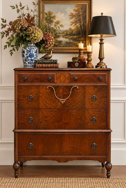 1920's Burl Wood Tallboy Chest 47.5”h x 38”w x 19"d IN STORE PICKUP ONLY