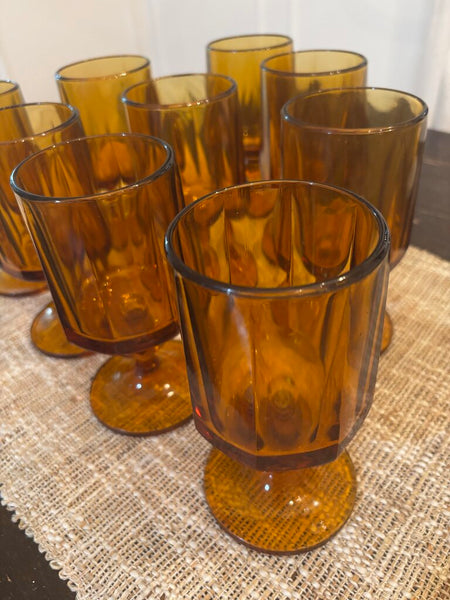 Set of 9 Vintage Amber Glass Goblets 6H