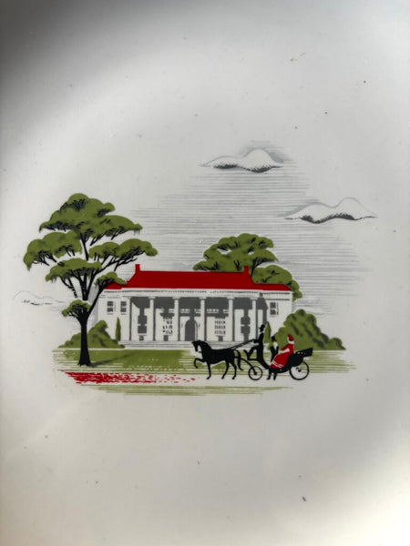 Set of 8 Vintage Paden City Pottery Plates w/ a Southern Plantation and Horse-Drawn Carriage Design 7.5R